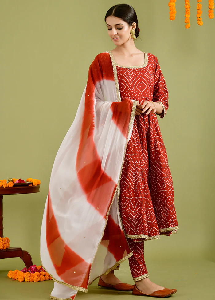 3 Pc Red Cotton Suit Set With Dupatta