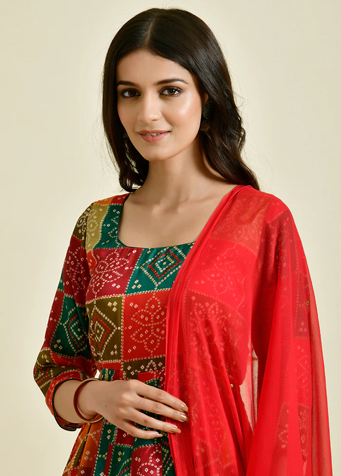 3 Pc Red Cotton Suit Set With Dupatta - Image 3