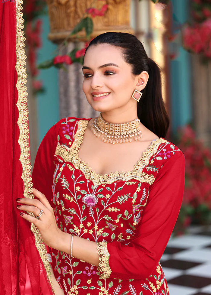 3 Pc Red Georgette Plazzo Skirt Suit Set - Image 2