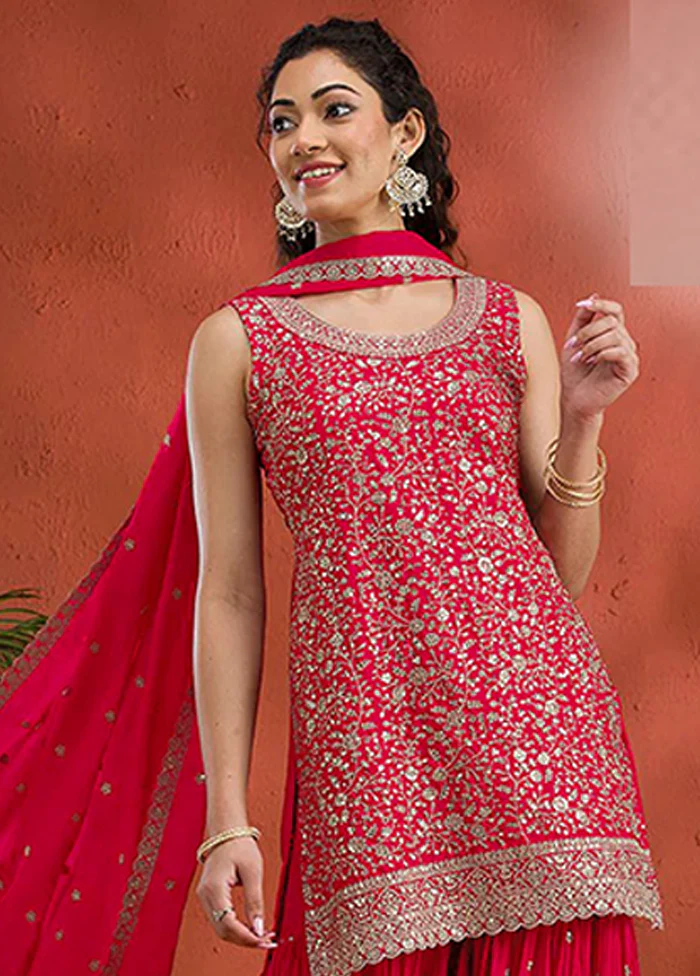 3 Pc Red Georgette Plazzo Suit Set - Image 2