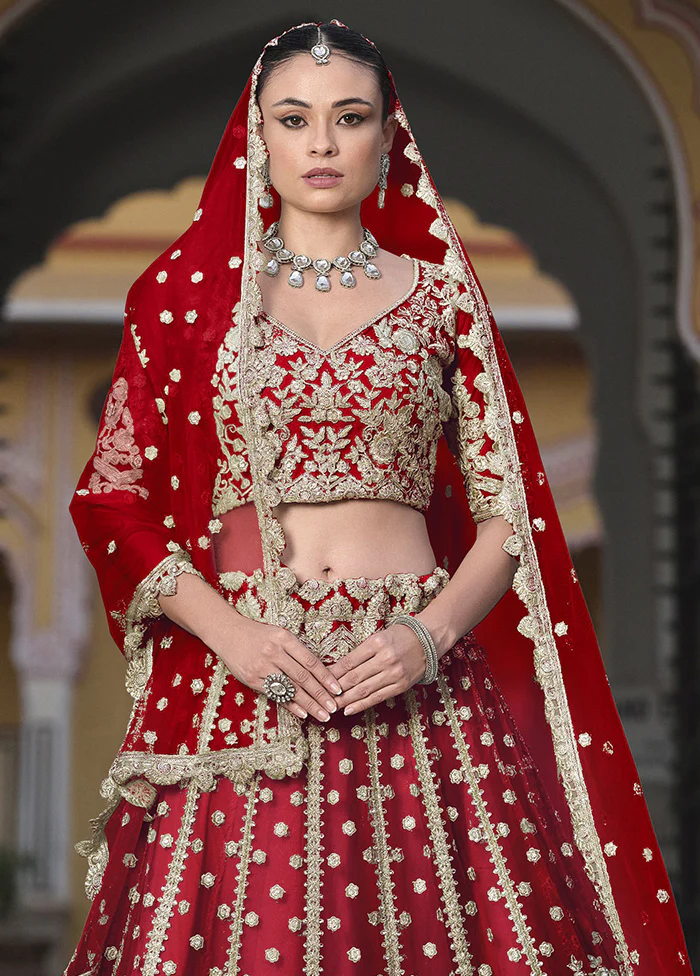 3 Pc Red Net Semi Stitched Lehenga Set - Image 2