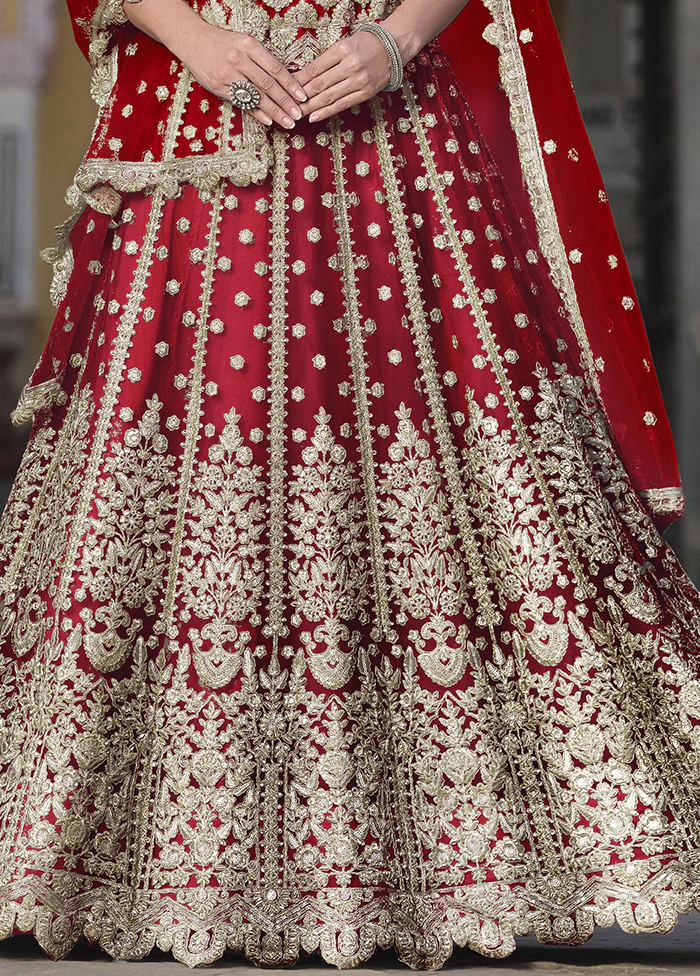 3 Pc Red Net Semi Stitched Lehenga Set - Image 3