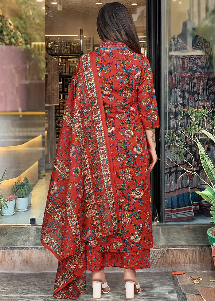 3 Pc Red Readymade Cotton Dupatta Suit Set - Image 2