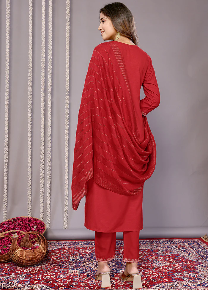 3 Pc Red Readymade Cotton Suit Set - Image 2