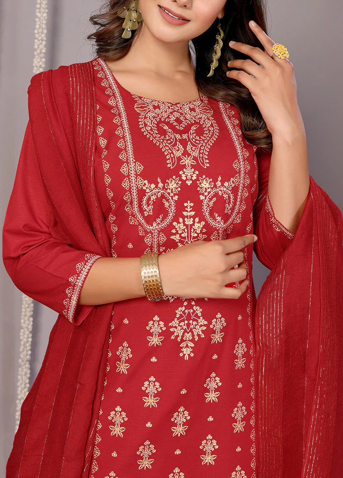 3 Pc Red Readymade Cotton Suit Set - Image 3