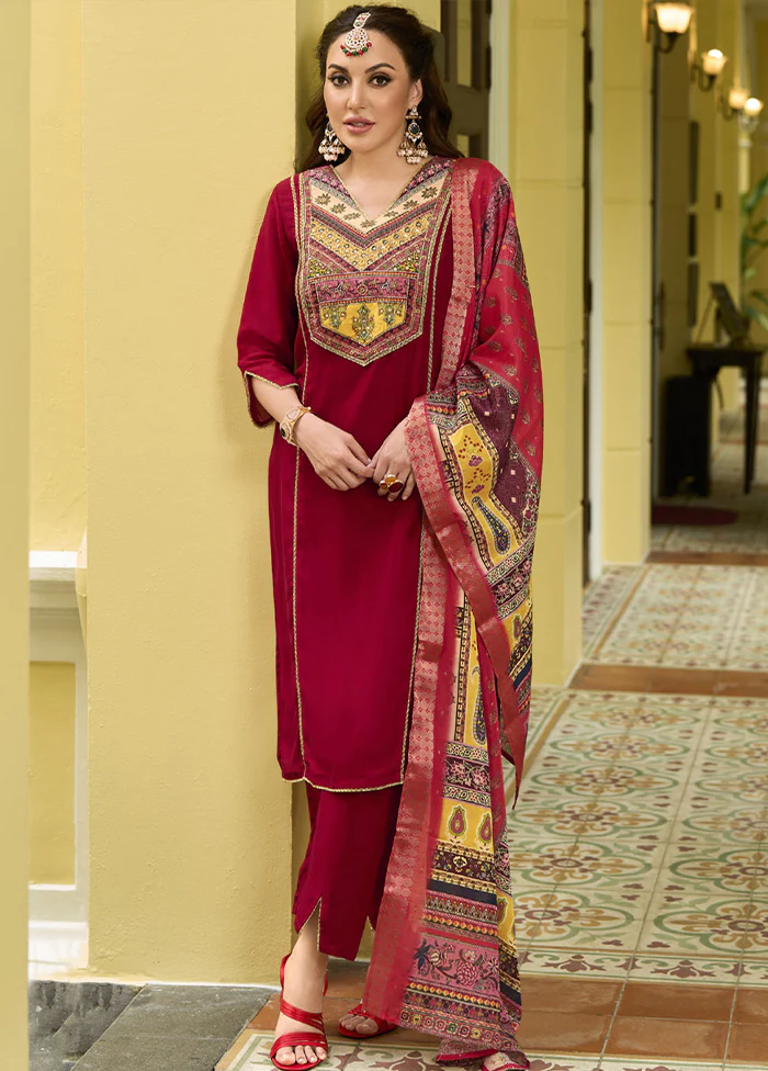 3 Pc Red Readymade Silk Dupatta Suit Set