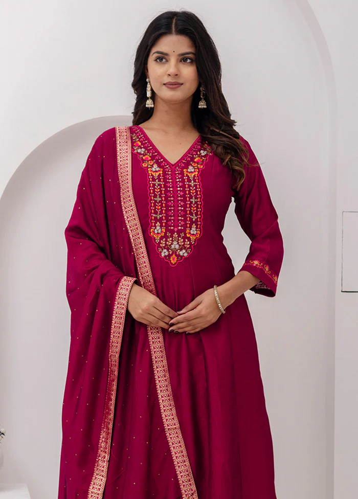 3 Pc Red Readymade Silk Dupatta Suit Set - Image 2