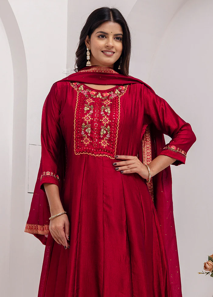 3 Pc Red Readymade Silk Dupatta Suit Set - Image 2