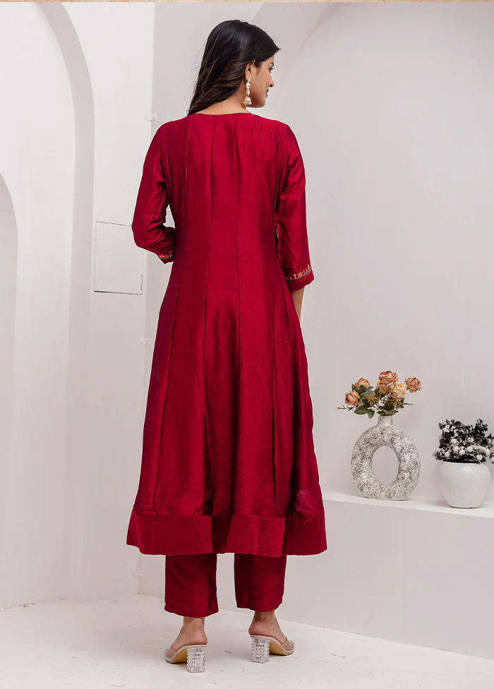 3 Pc Red Readymade Silk Dupatta Suit Set - Image 3