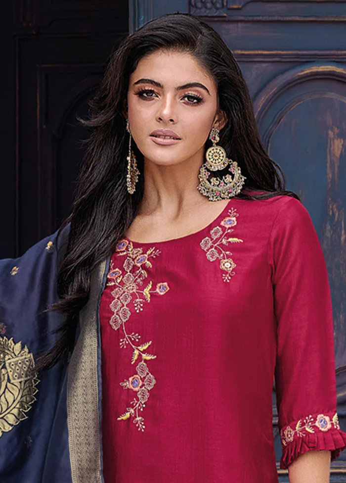 3 Pc Red Readymade Viscose Dupatta Suit Set - Image 2