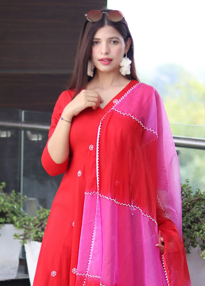 3 Pc Red Readymade Viscose Dupatta Suit Set - Image 2