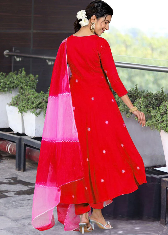 3 Pc Red Readymade Viscose Dupatta Suit Set - Image 3