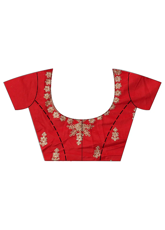 3 Pc Red Semi Stitched Silk Lehenga Set - Image 3