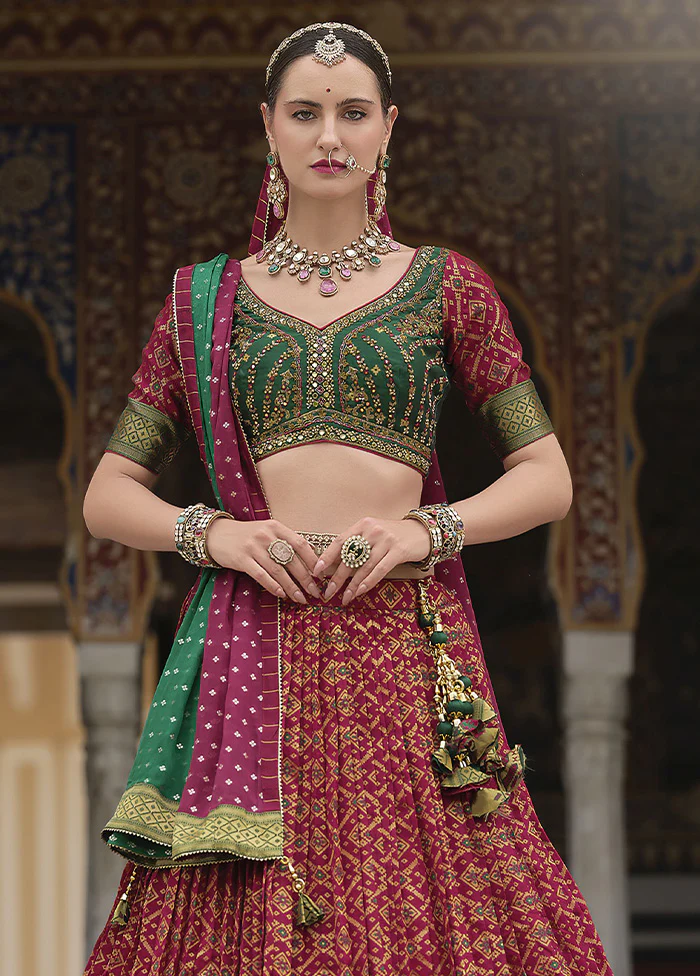 3 Pc Red Silk Semi Stitched Lehenga Set - Image 2