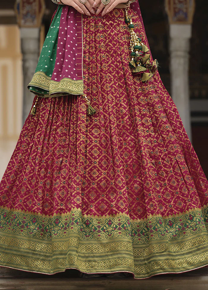 3 Pc Red Silk Semi Stitched Lehenga Set - Image 3