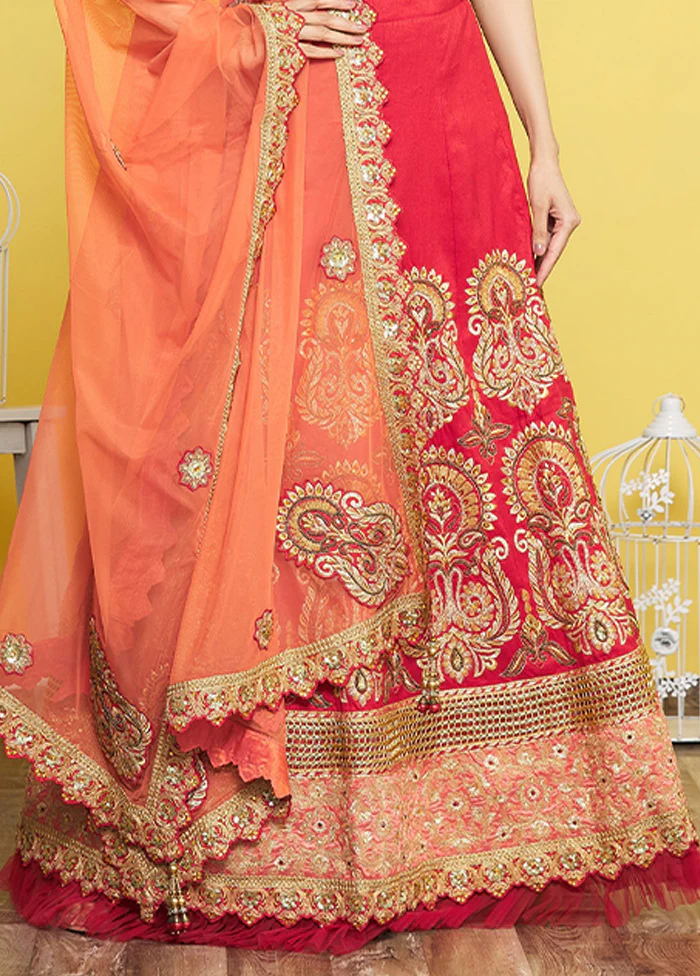 3 Pc Red Silk Semi Stitched Lehenga Set - Image 2