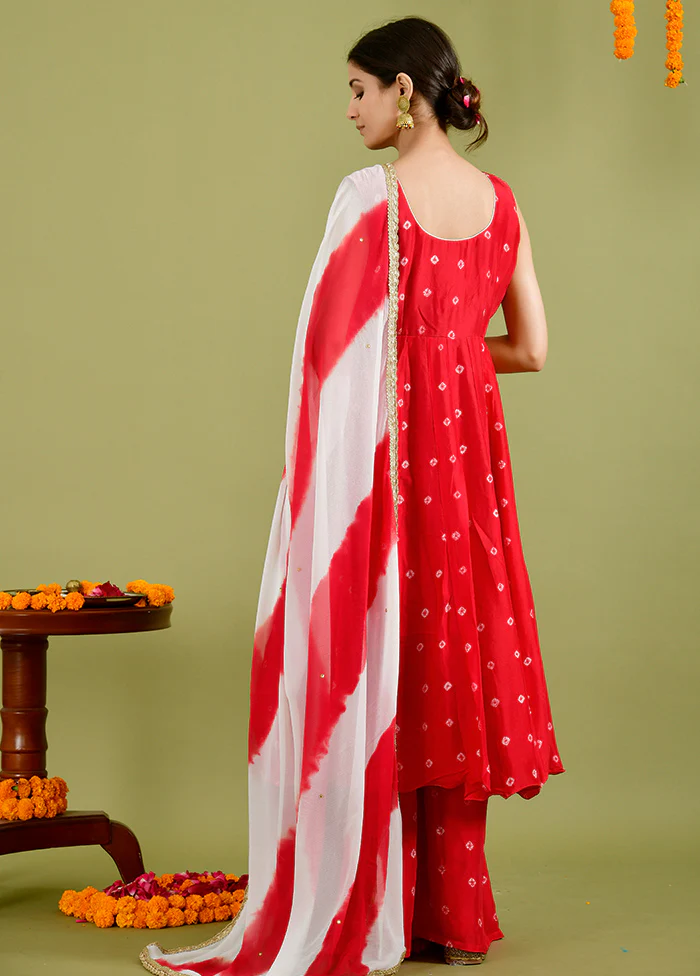 3 Pc Red Silk Sharara Suit Set With Dupatta - Image 2
