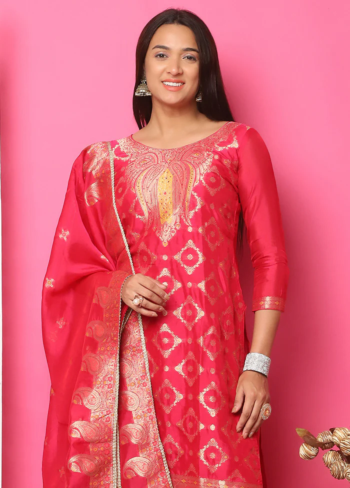 3 Pc Red Unstitched Silk Suit Set - Image 2