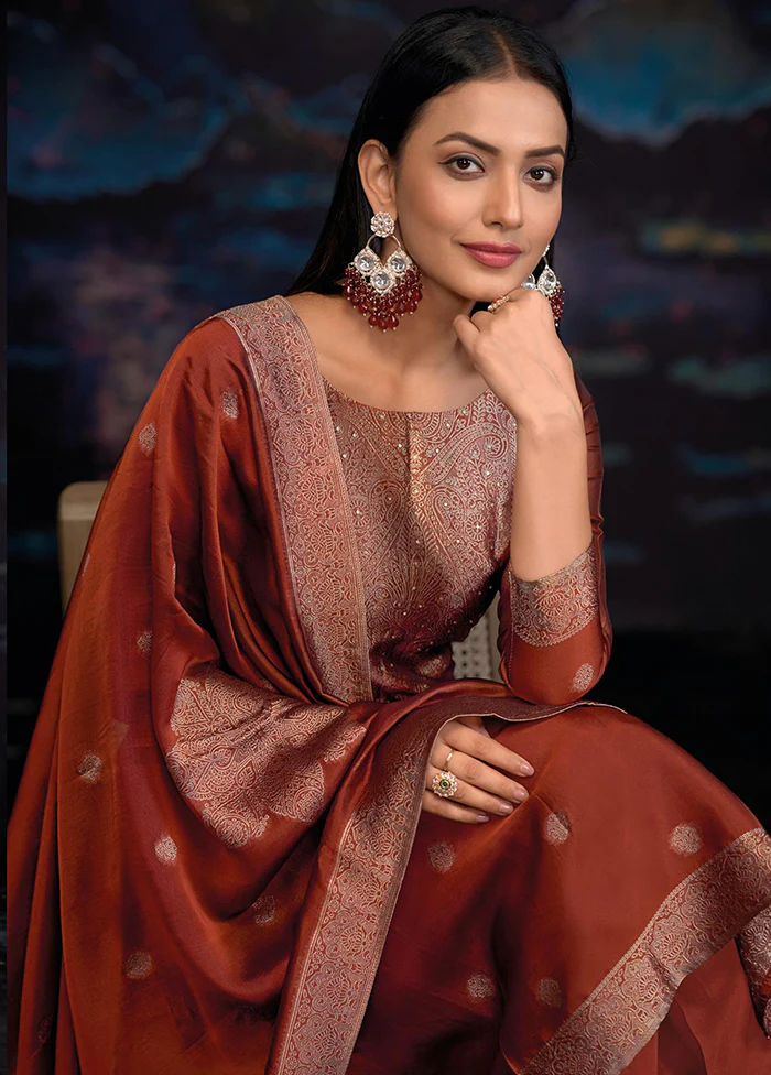3 Pc Rust Pure Semi Stitched Silk Dupatta Suit Set - Image 2