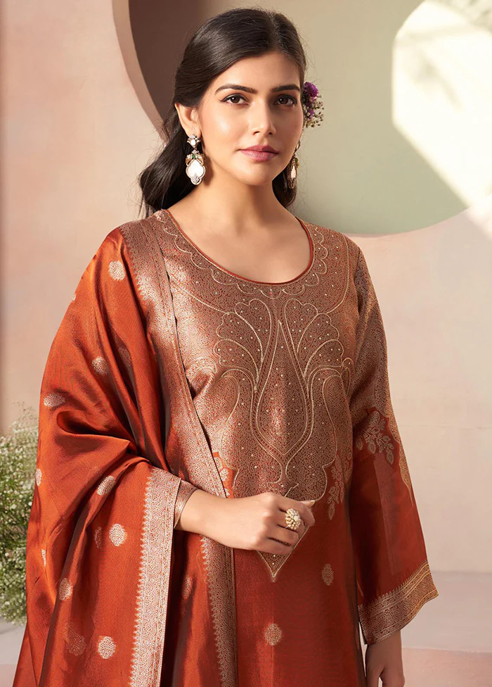3 Pc Rust Pure Semi Stitched Silk Dupatta Suit Set - Image 2