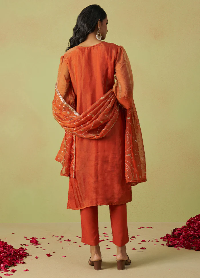 3 Pc Rust Semi Stitched Silk Suit Set - Image 2