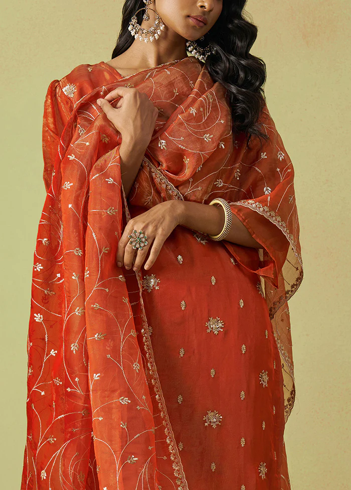3 Pc Rust Semi Stitched Silk Suit Set - Image 3
