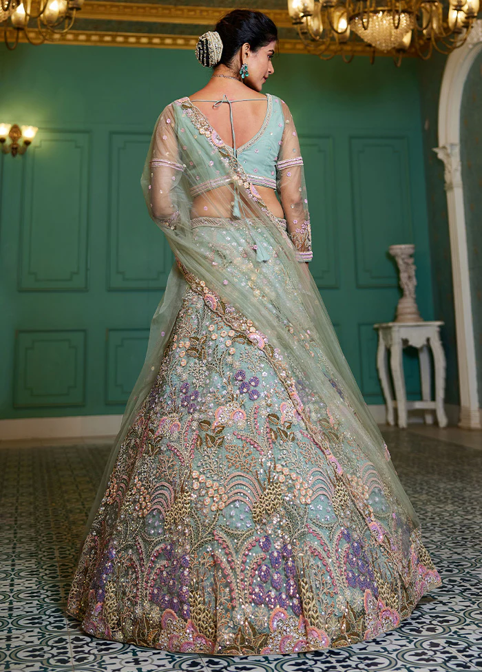 3 Pc Sea Green Net Semi Stitched Lehenga Set - Image 2