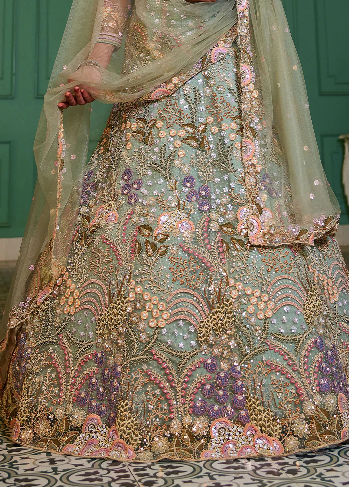 3 Pc Sea Green Net Semi Stitched Lehenga Set - Image 3
