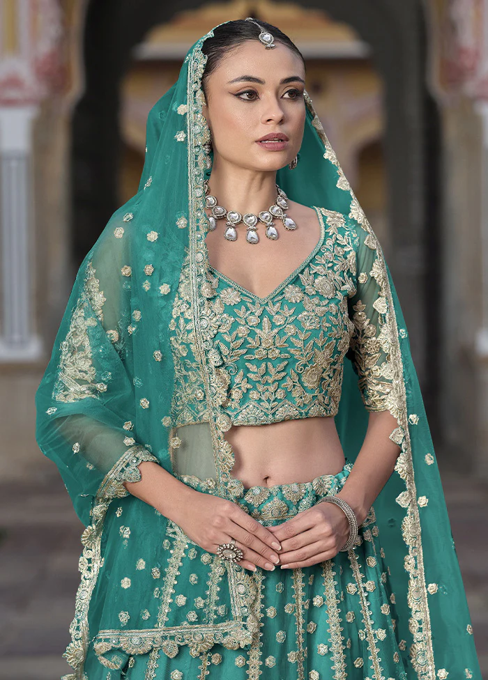 3 Pc Sea Green Net Semi Stitched Lehenga Set - Image 2