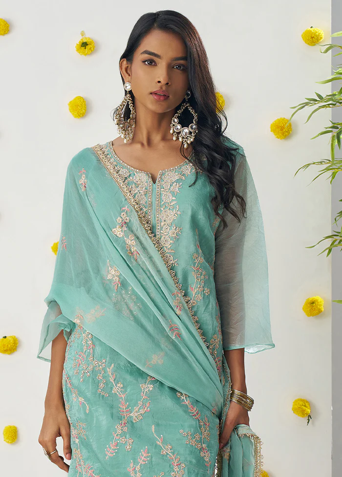 3 Pc Sea Green Readymade Silk Dupatta Suit Set - Image 2