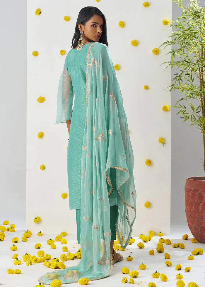 3 Pc Sea Green Readymade Silk Dupatta Suit Set - Image 3
