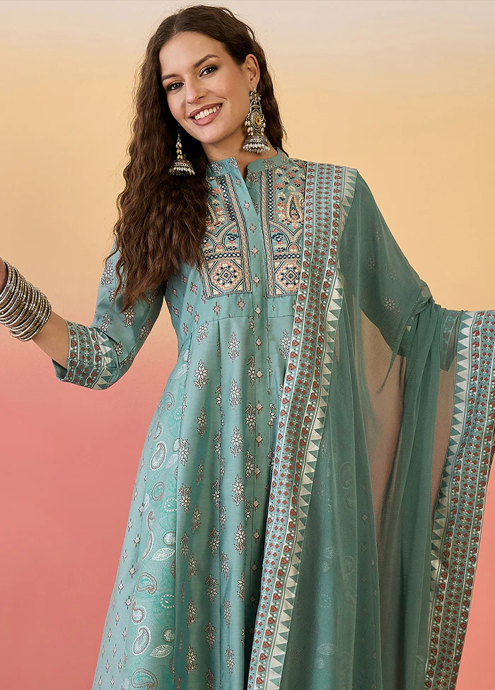 3 Pc Sea Green Readymade Silk Dupatta Suit Set - Image 2