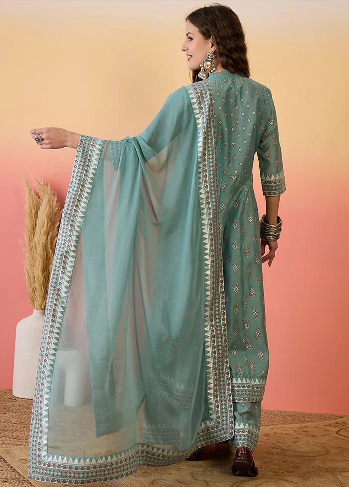 3 Pc Sea Green Readymade Silk Dupatta Suit Set - Image 3