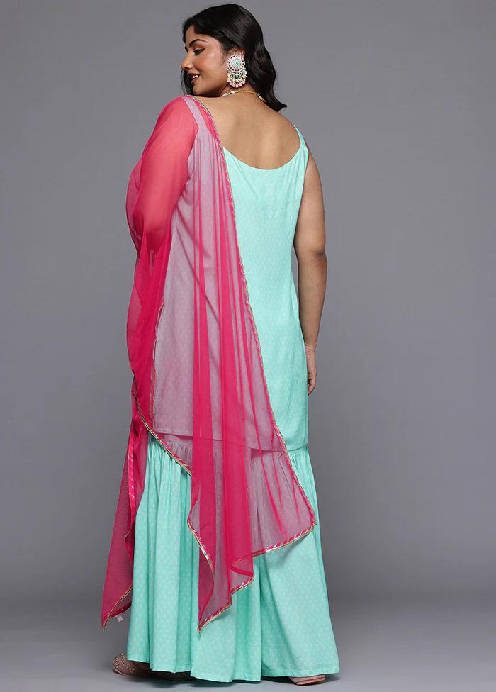 3 Pc Sea Green Readymade Viscose Dupatta Suit Set - Image 3