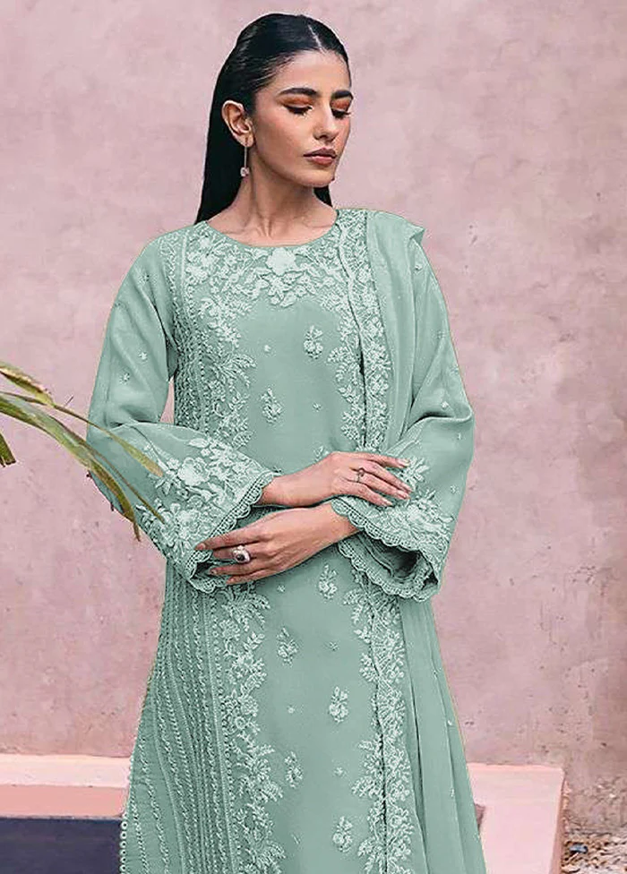 3 Pc Sea Green Semi Stitched Georgette Suit Set - Image 2