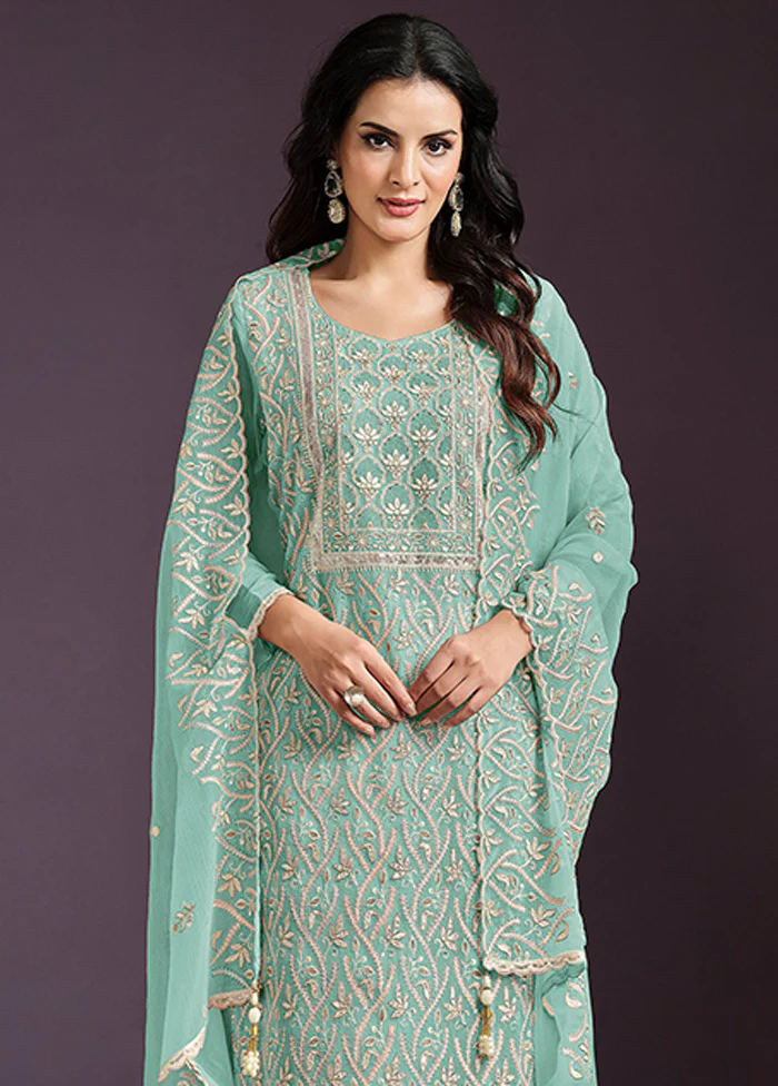 3 Pc Sea Green Semi Stitched Silk Suit Set - Image 2