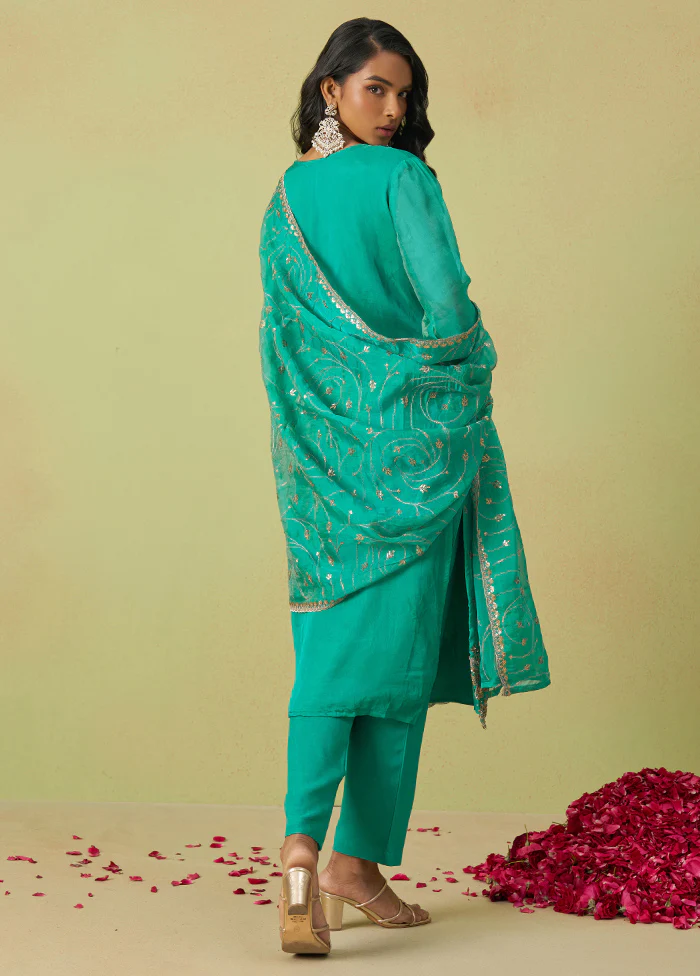 3 Pc Sea Green Semi Stitched Silk Suit Set - Image 2