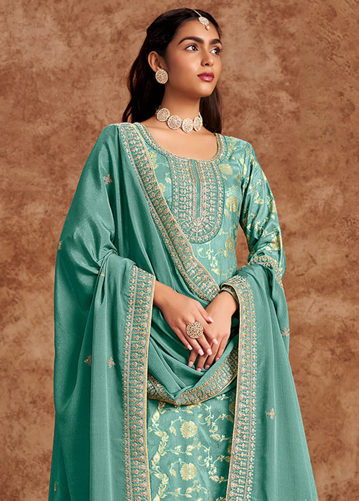 3 Pc Sea Green Semi Stitched Silk Suit Set - Image 2