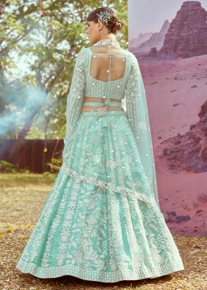 3 Pc Sea Green Silk Semi Stitched Lehenga Set - Image 2