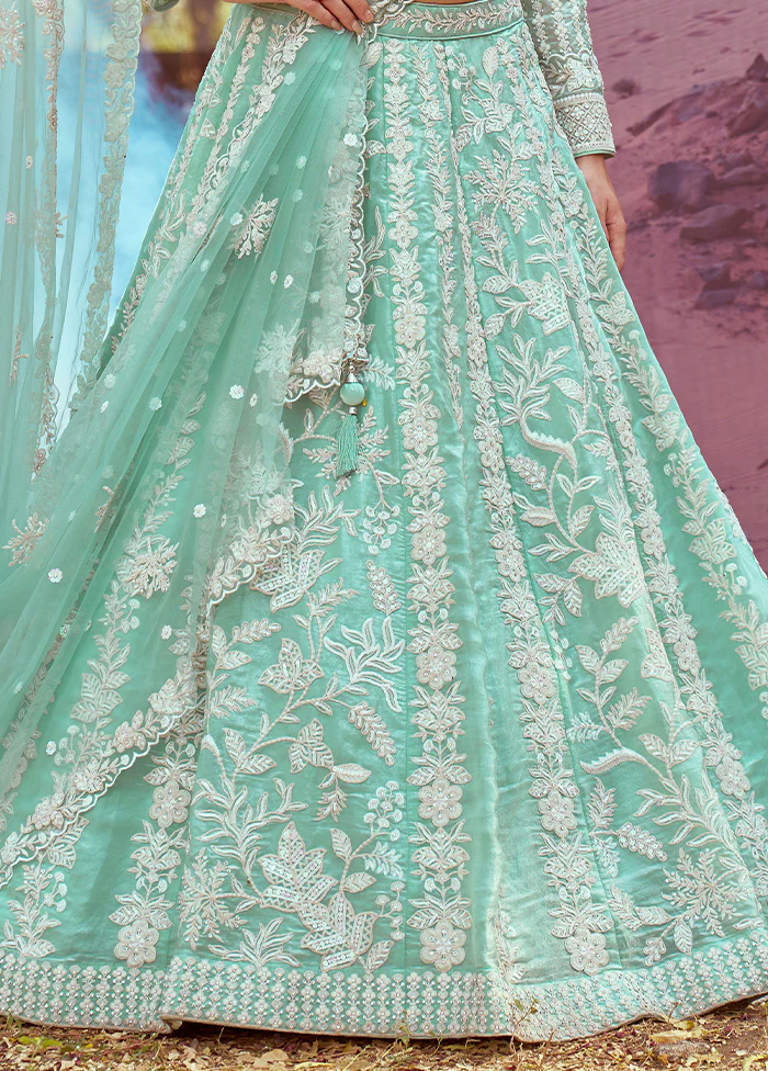 3 Pc Sea Green Silk Semi Stitched Lehenga Set - Image 3
