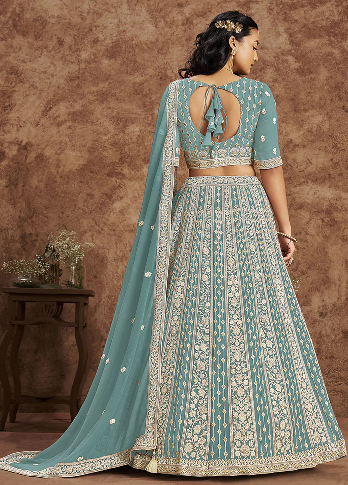 3 Pc Sky Blue Georgette Semi Stitched Lehenga Set - Image 2