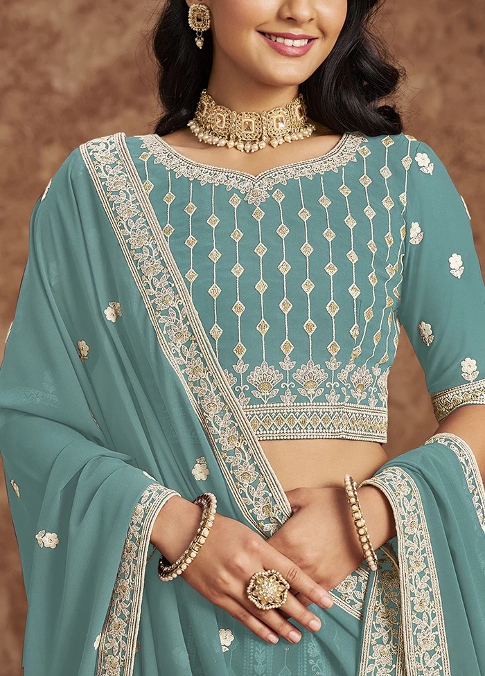 3 Pc Sky Blue Georgette Semi Stitched Lehenga Set - Image 3