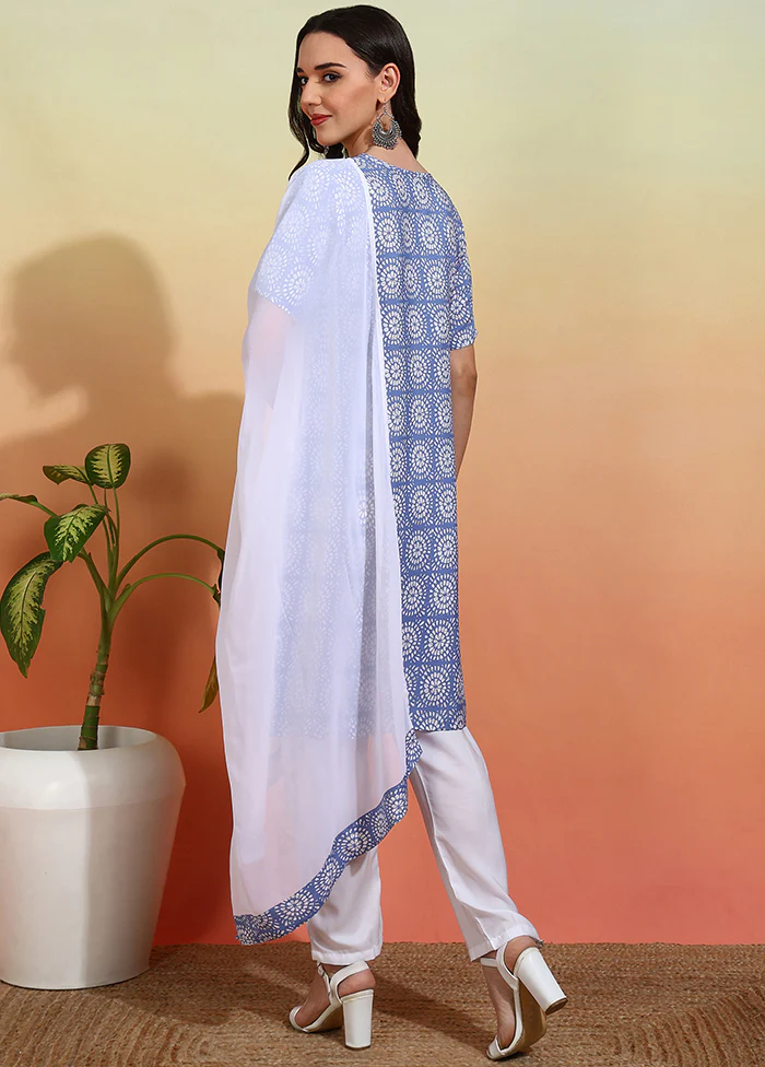 3 Pc Sky Blue Readymade Silk Dupatta Suit Set - Image 3