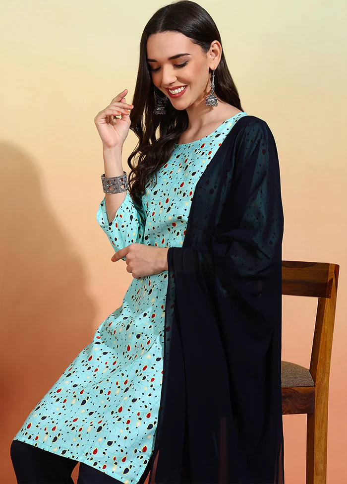 3 Pc Sky Blue Readymade Silk Dupatta Suit Set - Image 2