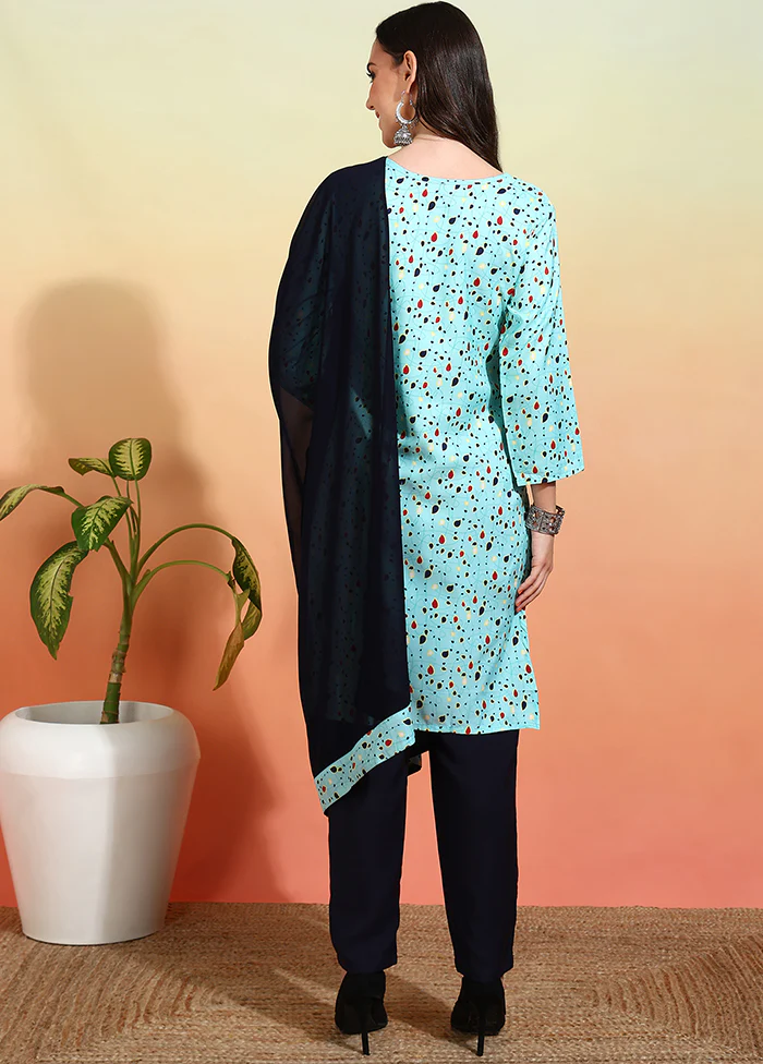 3 Pc Sky Blue Readymade Silk Dupatta Suit Set - Image 3