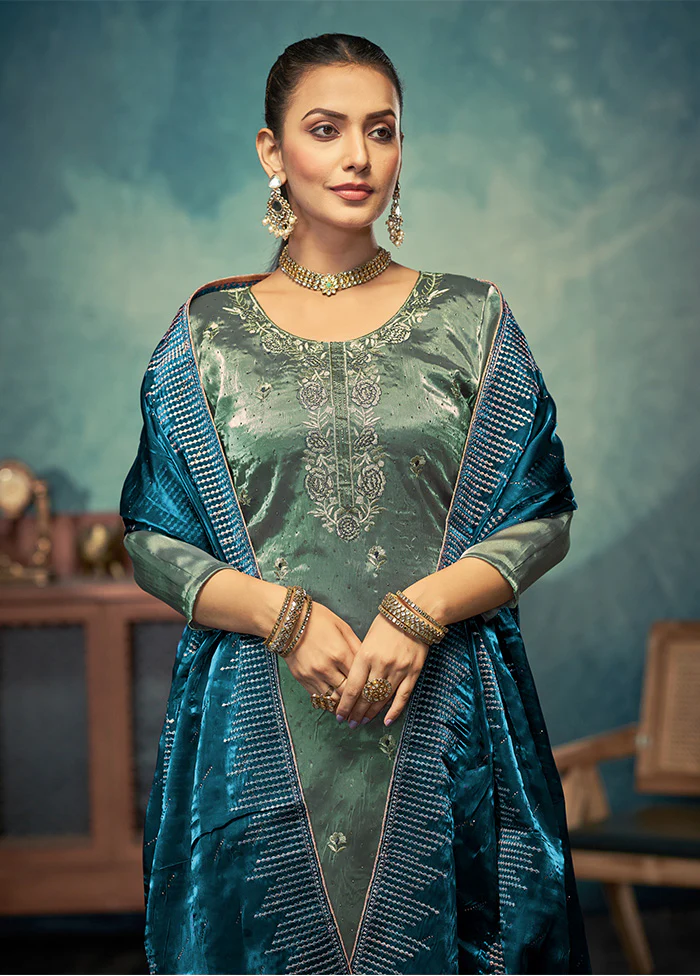 3 Pc Sky Blue Semi Stitched Silk Dupatta Suit Set - Image 2