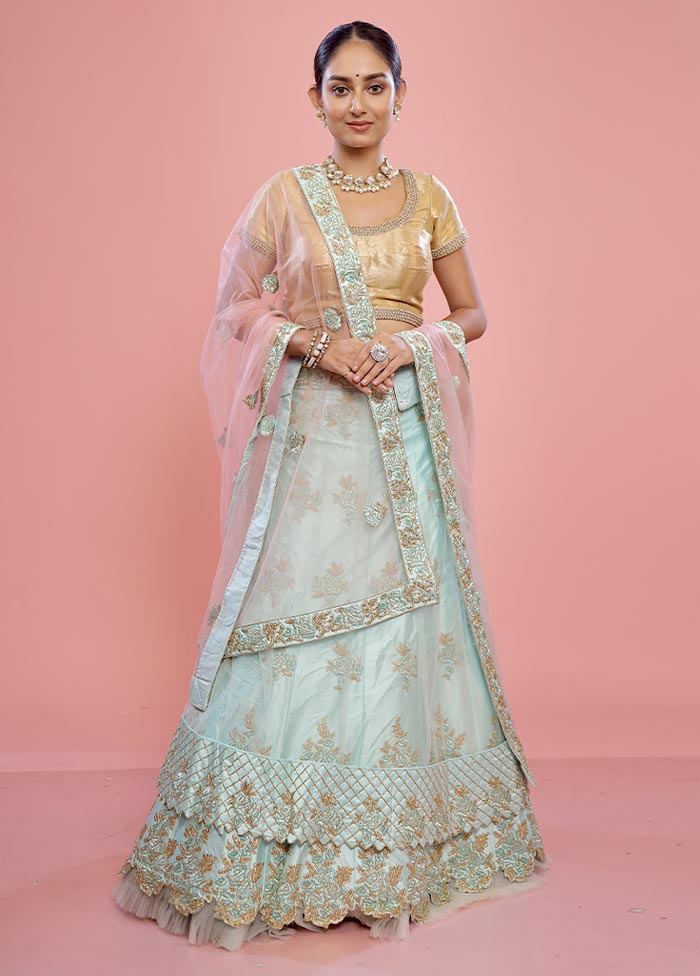 3 Pc Sky Blue Semi Stitched Silk Lehenga Set