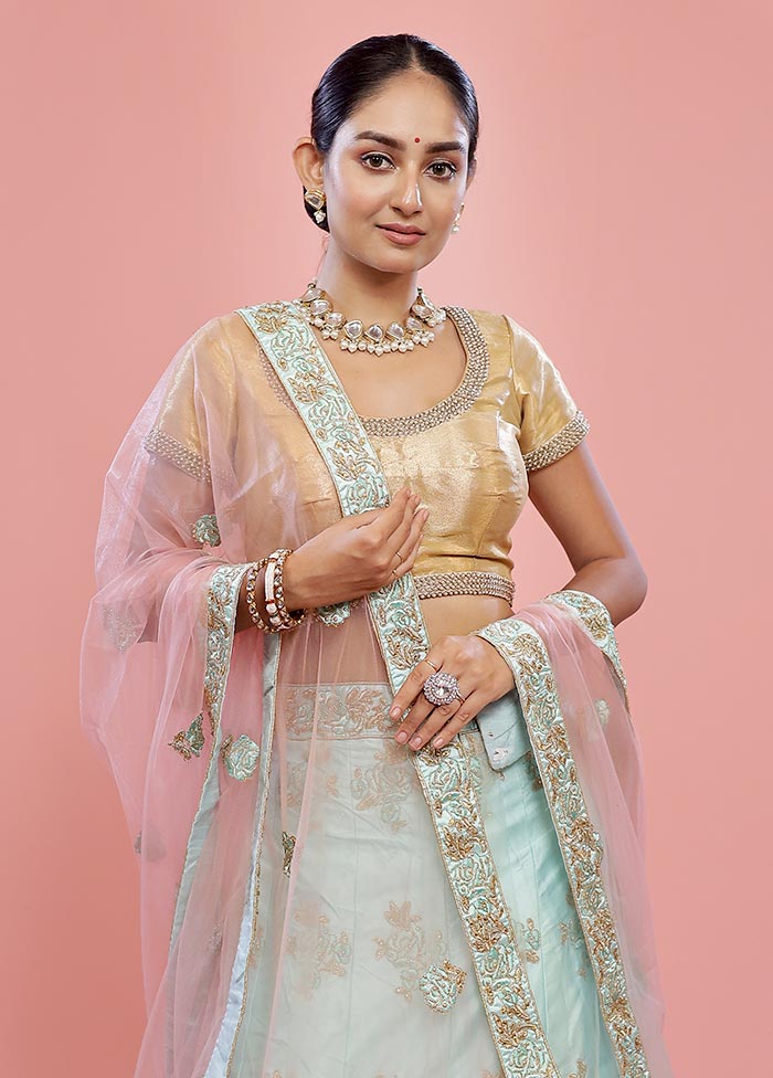 3 Pc Sky Blue Semi Stitched Silk Lehenga Set - Image 2