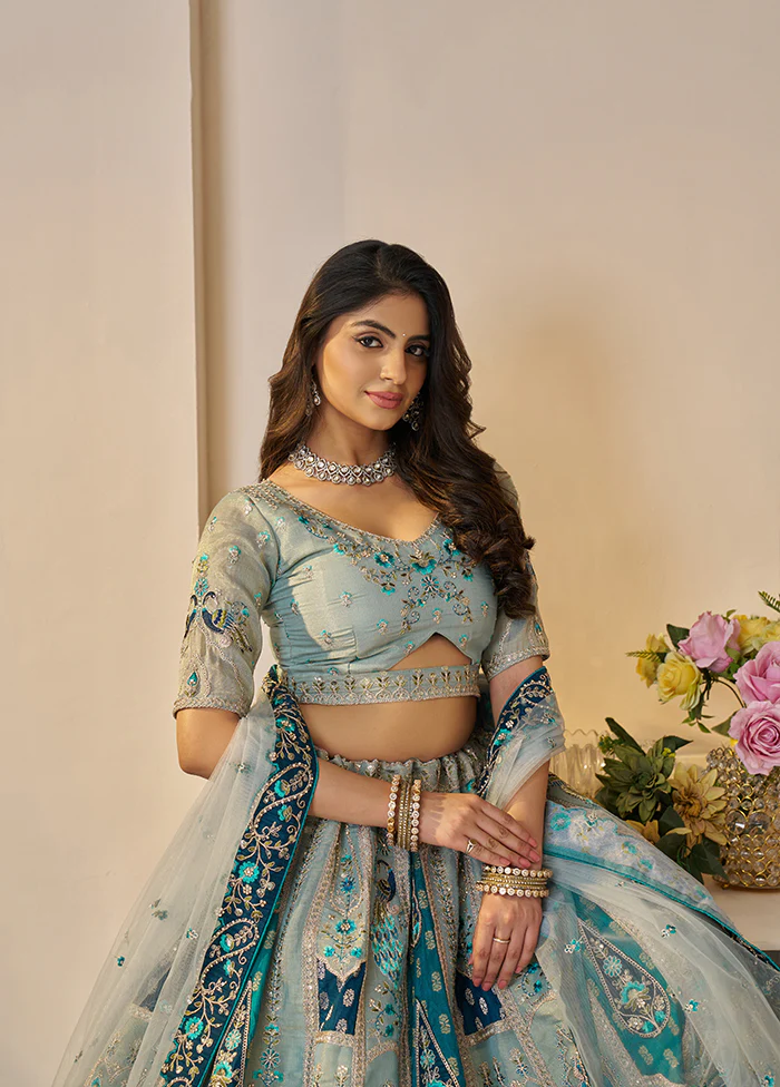 3 Pc Sky Blue Silk Semi Stitched Lehenga Set - Image 2