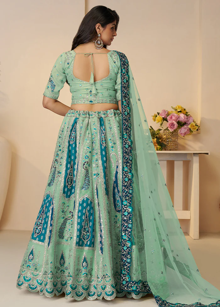 3 Pc Sky Blue Silk Semi Stitched Lehenga Set - Image 3
